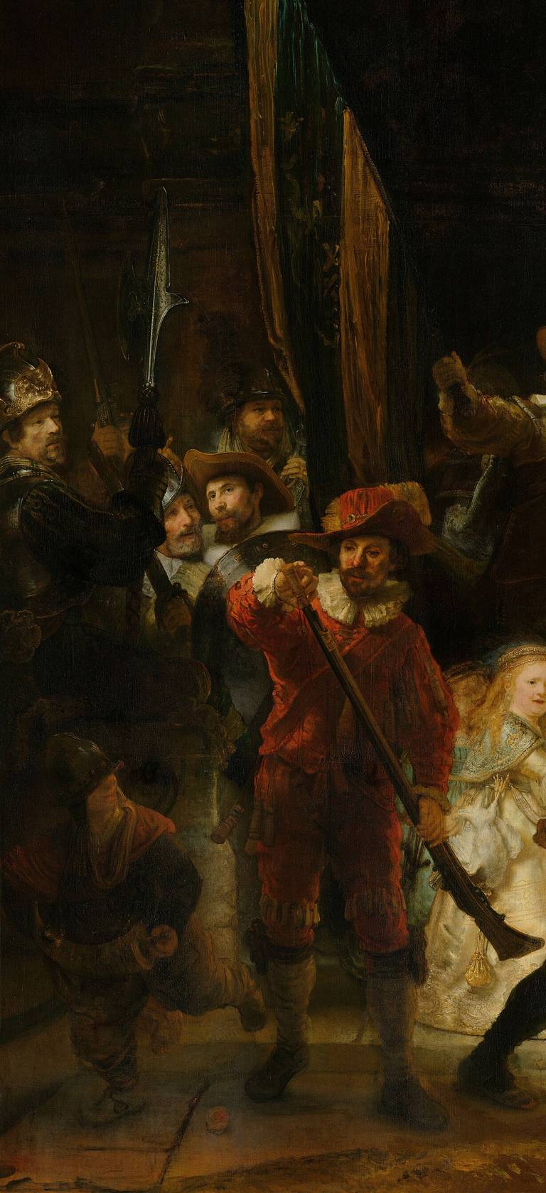 Detail of the left-hand portion of The Night Watch, showing a figure in red loading a musket beside the girl in gold