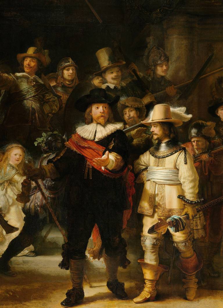 Detail of The Night Watch showing Captain Banninck Cocq in black with a red sash beside his lieutenant in pale yellow