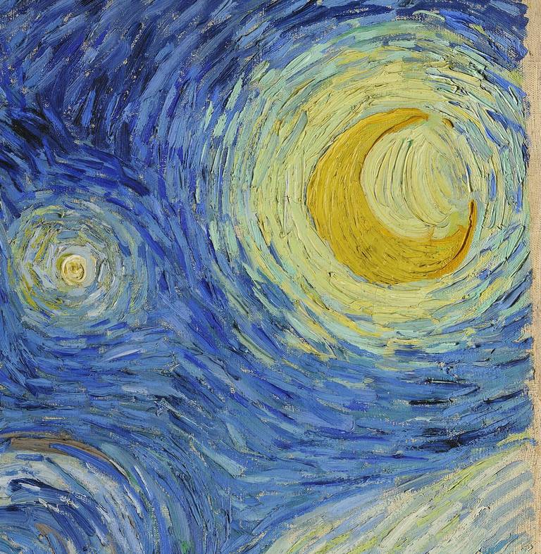 Detail of The Starry Night showing the crescent moon in concentric rings of yellow and white impasto