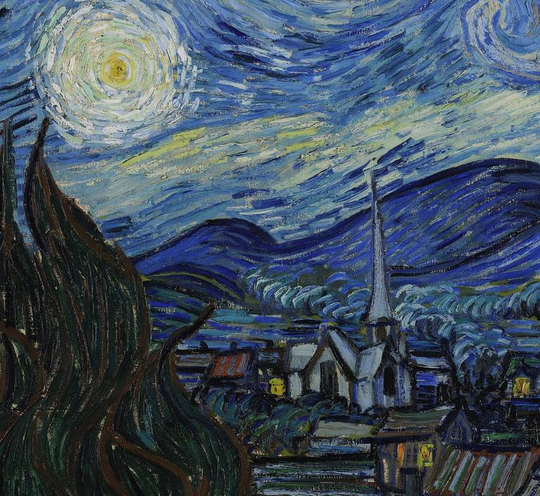 Detail of The Starry Night showing the invented village and its tall church spire beneath the swirling sky