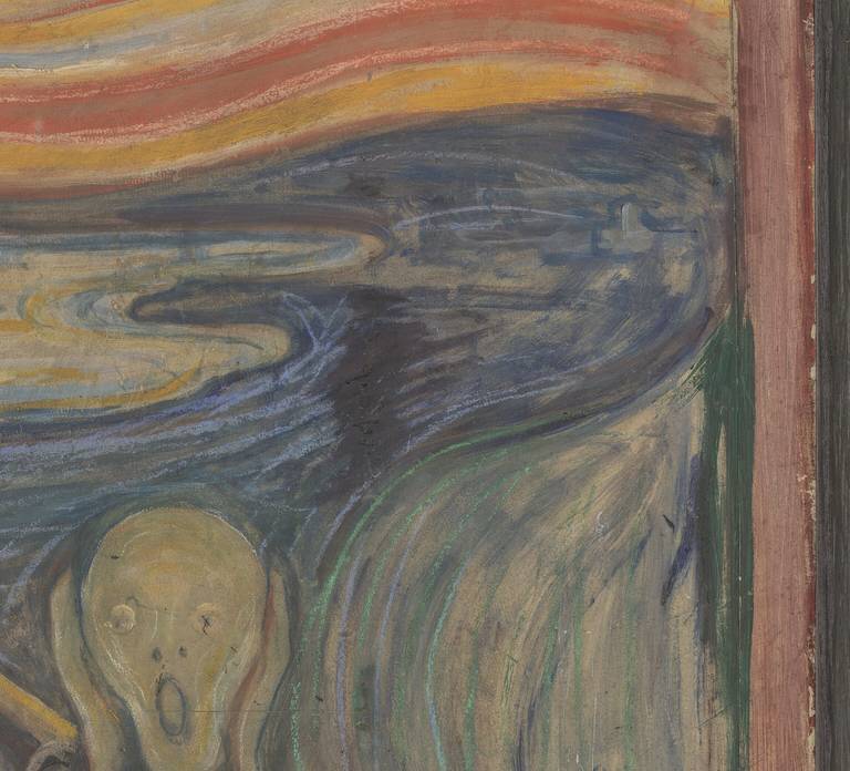 Detail of The Scream showing the sky in bands of orange and red above the blue fjord, with two distant figures on the bridge