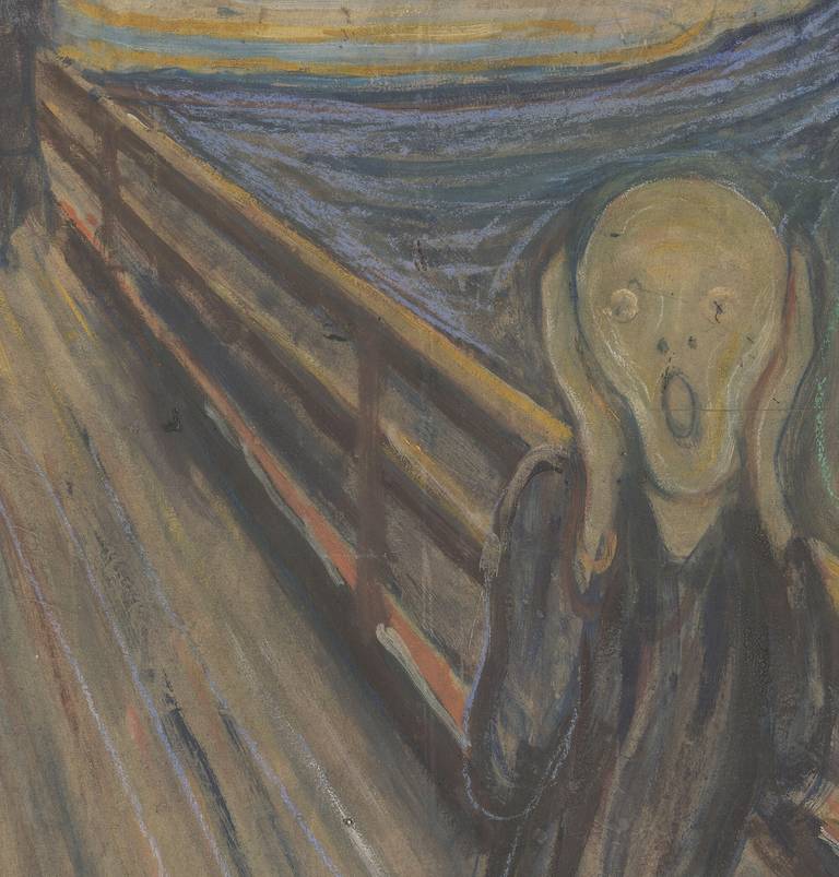 Detail of The Scream showing the hollow-eyed figure gripping its head beside the bridge rail