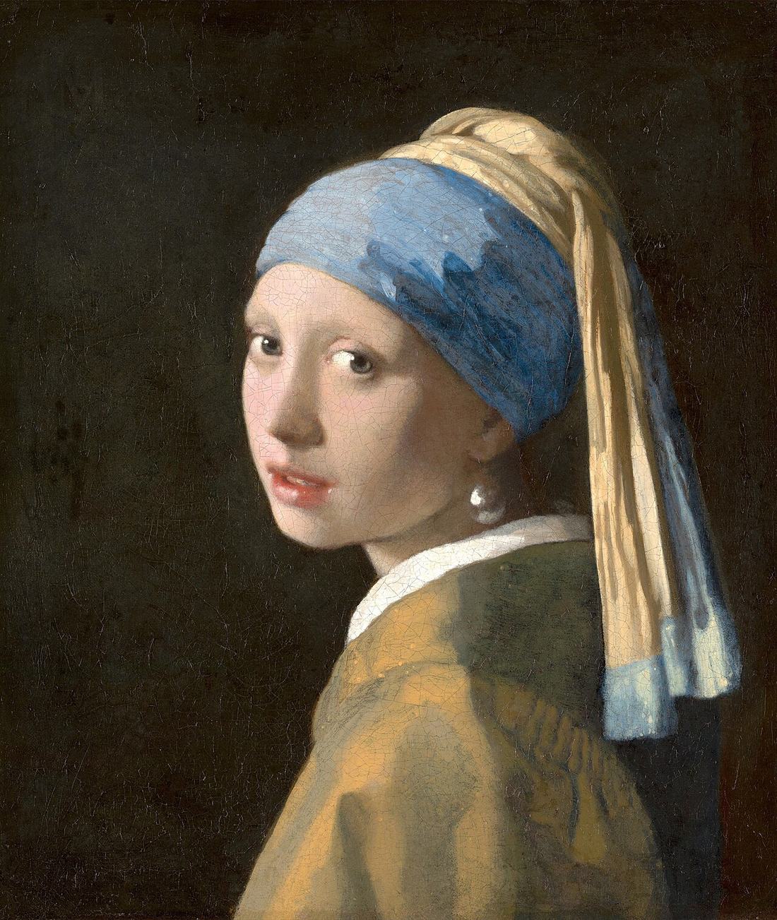 Girl with a Pearl Earring by Johannes Vermeer, about 1665 — a girl in a blue and gold turban turning to look over her shoulder against a black ground