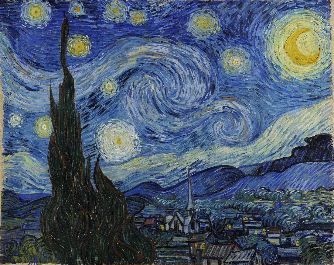 The Starry Night by Vincent van Gogh, 1889 — a turbulent blue night sky of spiralling stars and a crescent moon above a dark cypress and a sleeping village