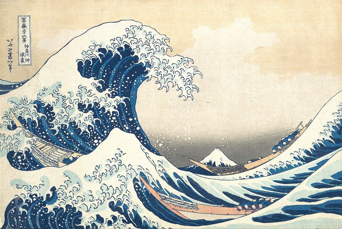 Under the Wave off Kanagawa by Hokusai, about 1831 — a great cresting wave with clawed foam breaking over three boats, Mount Fuji small in the distance