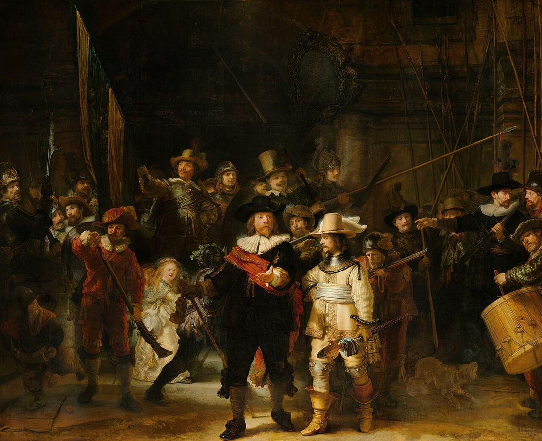 The Night Watch by Rembrandt, 1642 — a militia company advancing out of a dark archway, the captain in black with a red sash beside a lieutenant in pale yellow