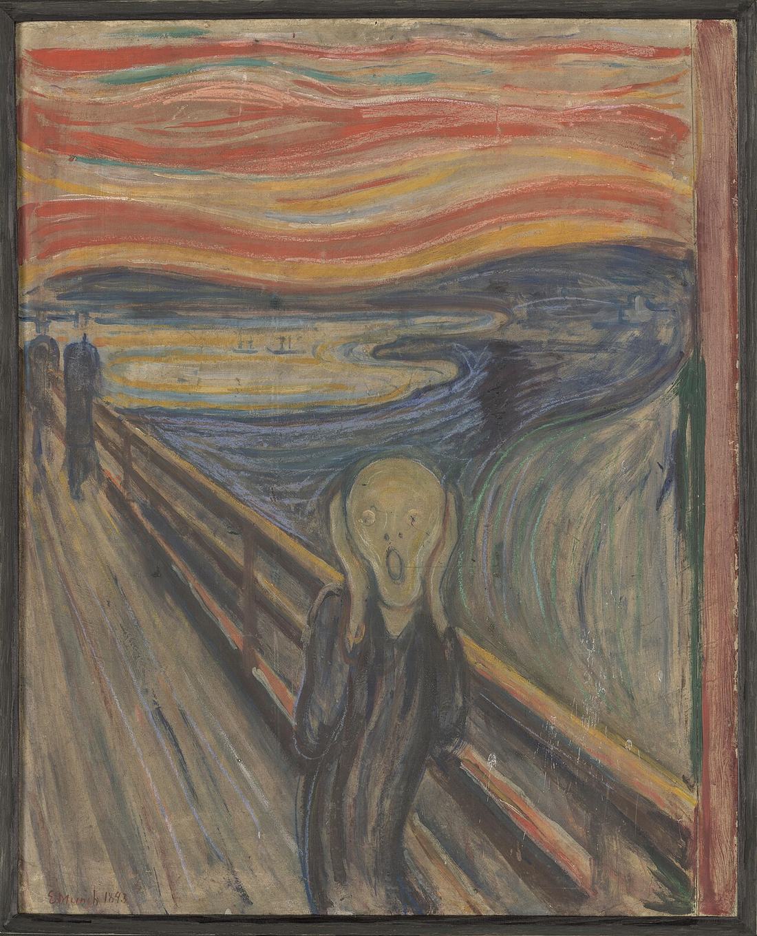 The Scream by Edvard Munch, 1893 — a hollow-faced figure clutching its head on a bridge beneath a streaked orange sky